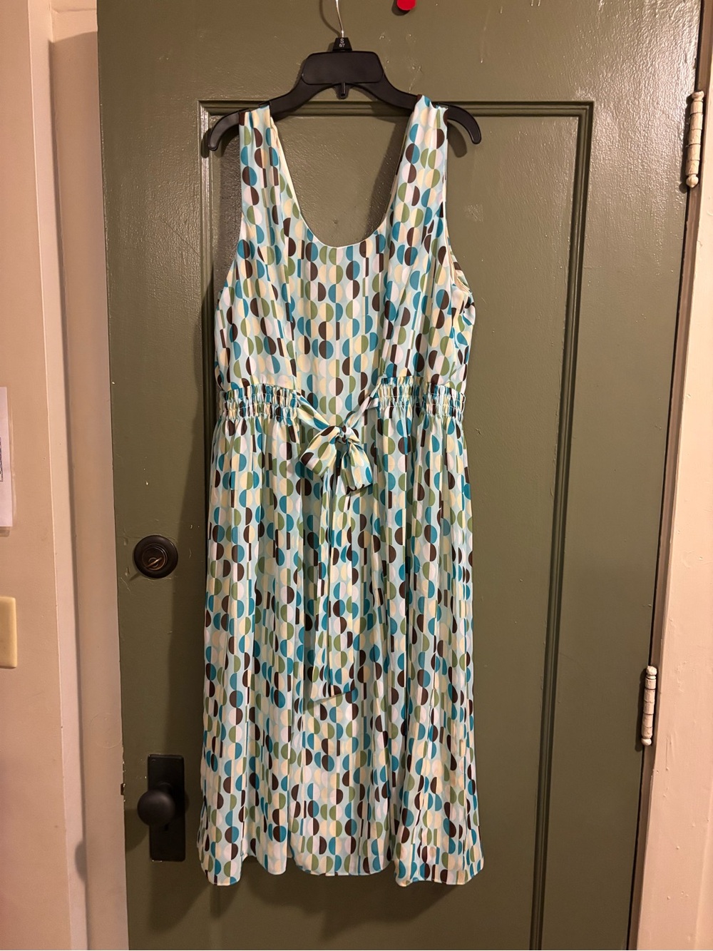 Ashley Stewart Aqua Teal Navy Cream Printed Tie-Waist Midi Dress